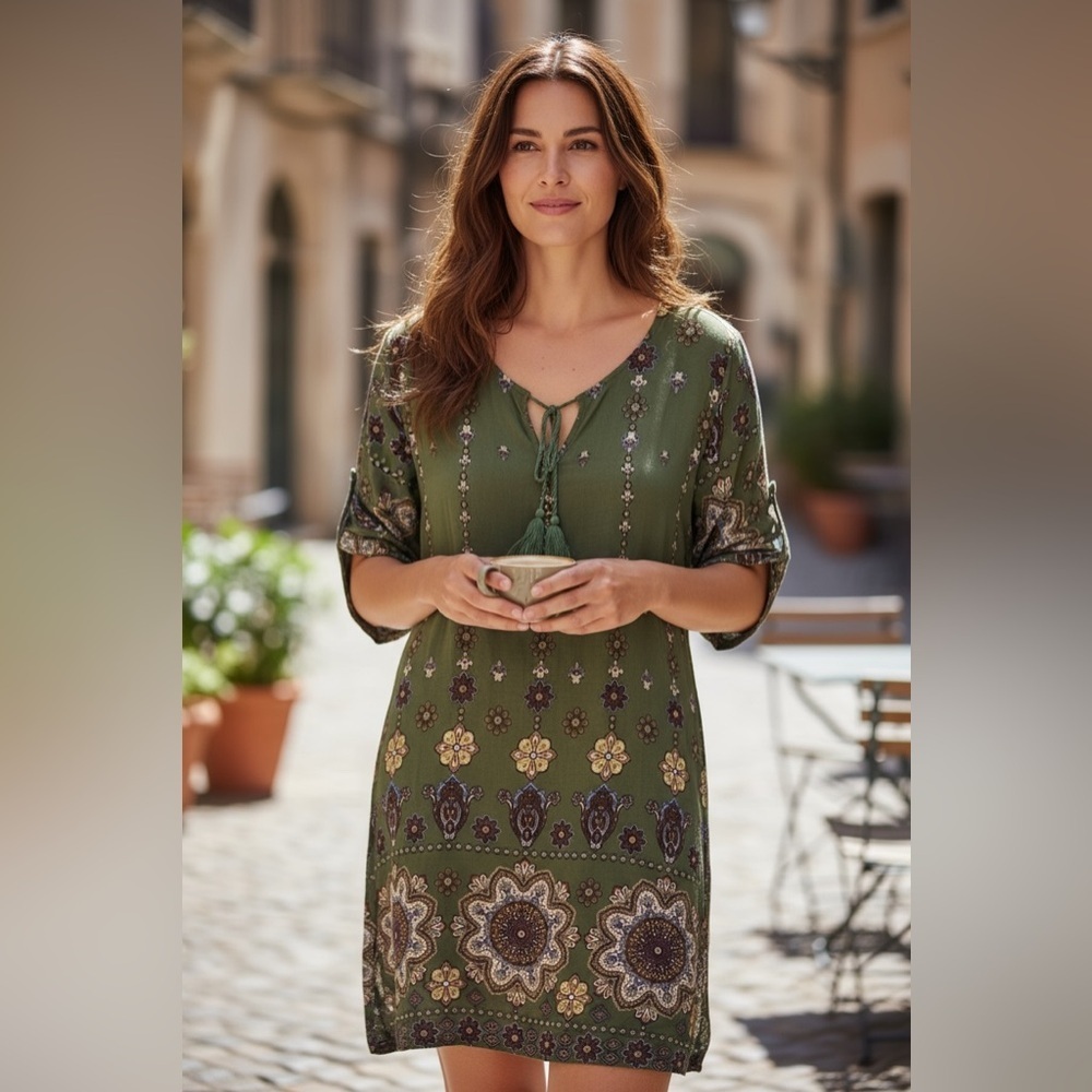 Aranee Olive Green Paisley‎ Boho Dress Large Festival Cottagecore EUC